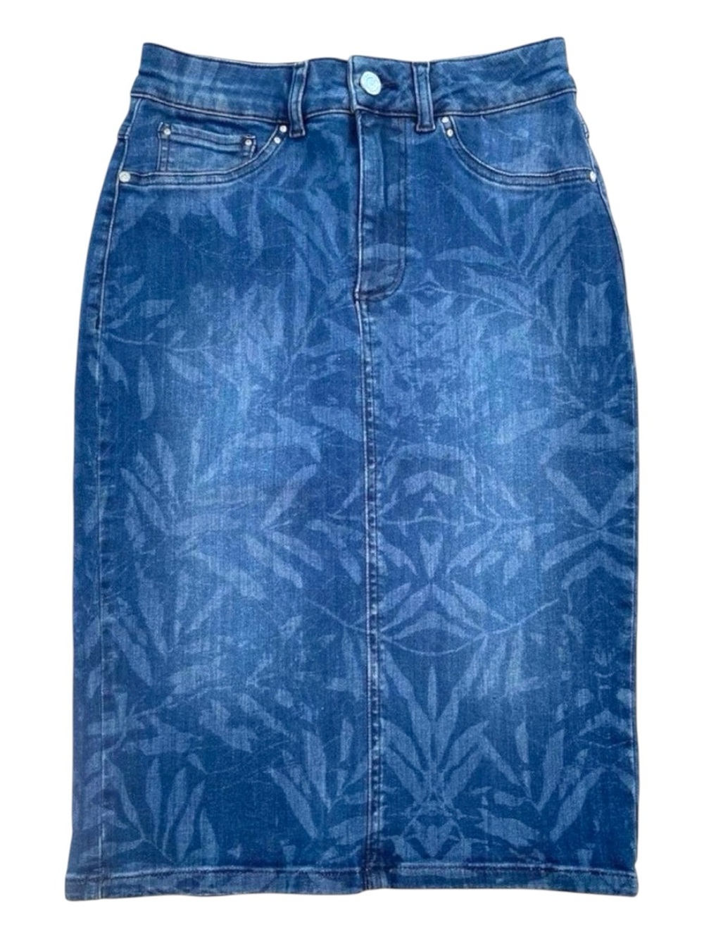 NWT Joseph Ribkoff denim pencil skirt blue shades tropical floral pattern size 2